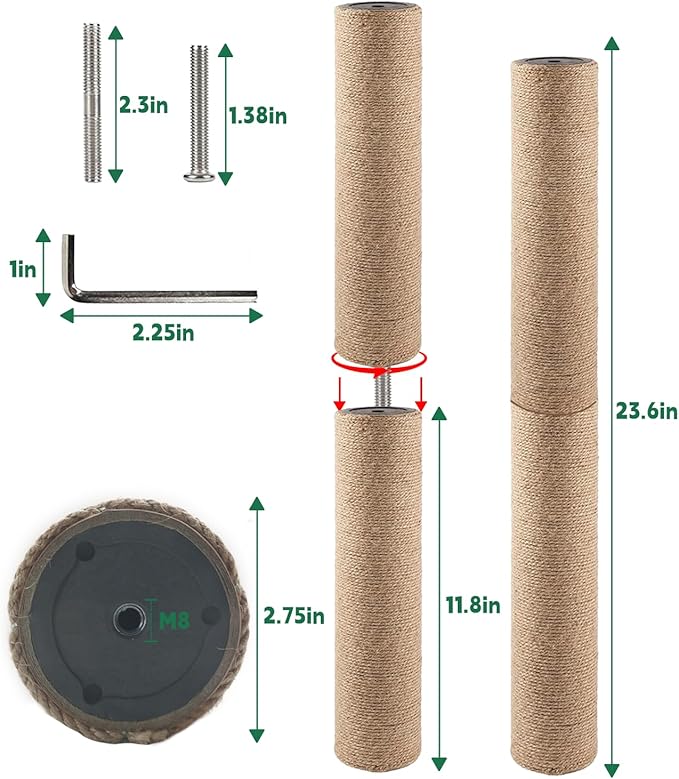 BNOSDM 2 Pcs M8 Cat Scratching Post Replacement Poles 11.8 x 2.75 in Cat Tree Tower Scratch Ropes Refill Sisal Pole Part for Refurbishment Hemp Grey