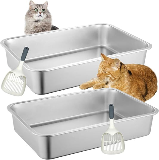 BNOSDM Large Stainless Steel Litter Box 2 Pcs Odor Control Cat Litter Pan, Non Stick Metal Pets Toilet Boxes with Litter Scoop for Big Cats Rabbits Puppy (19.7x13.8x4 in)
