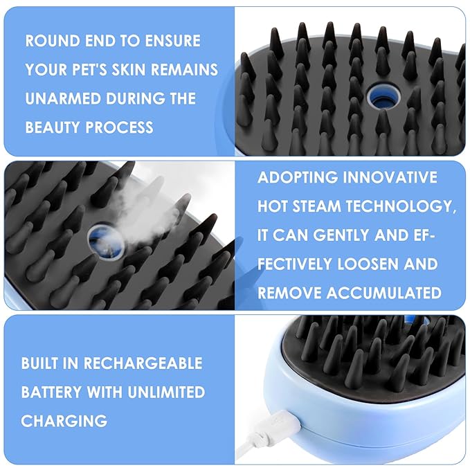 3 in 1 Silicone Grooming Brush for Cats and Dogs - Steamy Massager for Removing Tangles and Loose Hair (Blue)
