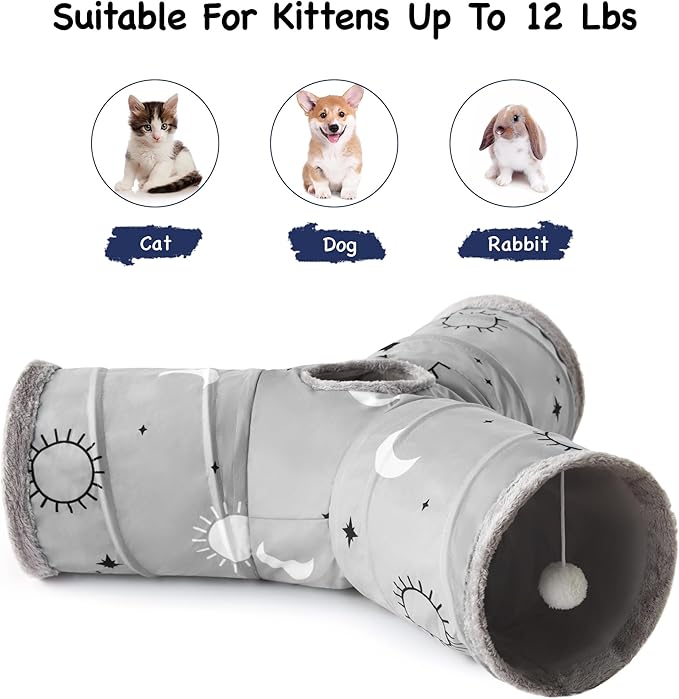 Tempcore Pet Cat Tunnel Tube Cat Toys 3 Way Collapsible, Cat Tunnels for Indoor Cats Fleece-Lined in for Warmth，Kitty Tunnel Bored Cat Pet Toys Peek Hole Toy Ball Cat, Puppy, Kitten, Rabbit Gray Sun