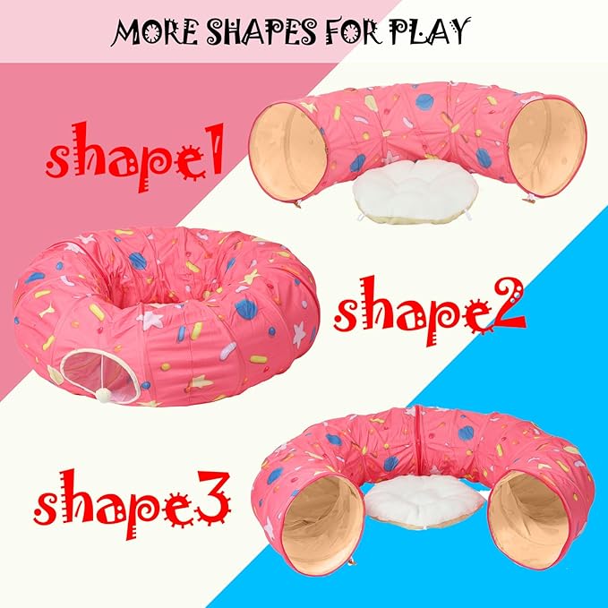 LUCKITTY Large Cat Donut Tunnel, Big Cat Tunnel Bed,Fluffy Toy Balls, Small Cushion and Flexible Design- 12 inch Diameter, Great for Cats, and Small Dogs,Pink