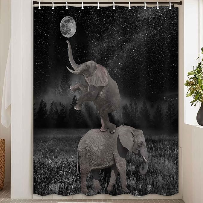 Boziqr Funny Shower Curtains for Bathroom, Cute Elephant Moon Forest Bath Curtain, Rustic Farmhouse Decor Polyester Fabric Fun Cool Animals Black 60 x 70 Inches