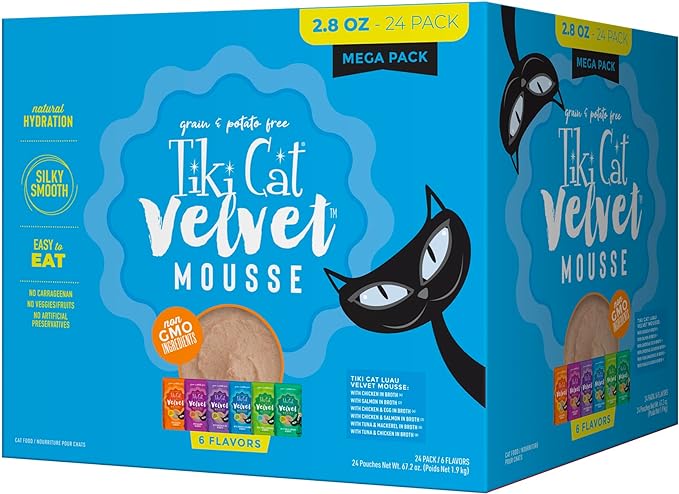 Tiki Cat Luau Velvet Mousse Wet Cat Food, 24 Count Mega Variety Pack 2.8 oz. Pouch (24 Count)