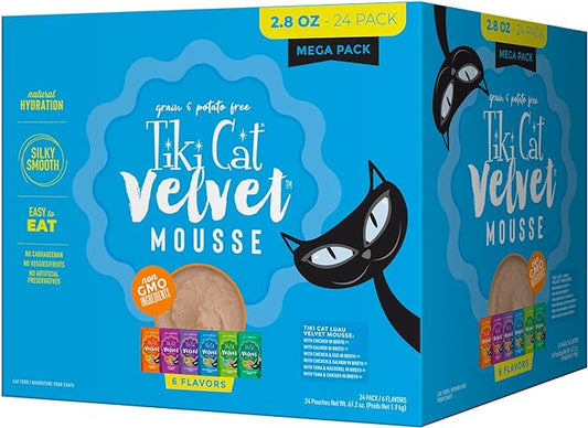 Tiki Cat Luau Velvet Mousse Wet Cat Food, 24 Count Mega Variety Pack 2.8 oz. Pouch (24 Count)