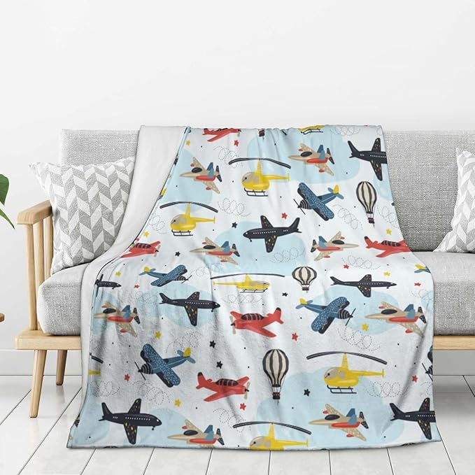 Kids Airplane Blanket Throw 60"x50", Plush Flannel Aircraft Blankets, Soft Warm Decorative for Kids Women