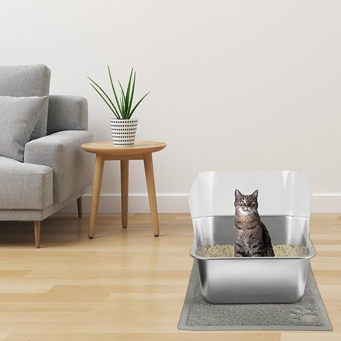 2 PCS Stainless Steel Cat Litter Box, Extra Large Metal Litter Box with Plastic Shields, Kitty Basic Litter Pan 23.6''*15.8'' with Metal Litter Scoopers, Litter Mat