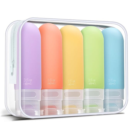 3oz Travel Bottles for Toiletries,Silicone Leak Proof Squeezable Travel Containers,TSA Approved Travel Essentials Bag for Shampoo Conditioner,5 Pack,White Pack