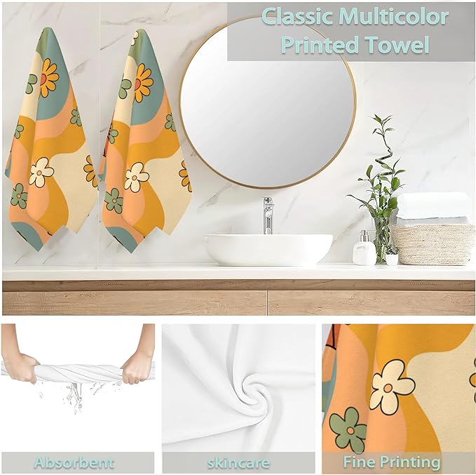 2 Pack Hand Bath Towel,Retro 70s Groovy Flower Hippie Fingertip Towel Bathtub Decorative Bath Towel Bathroom Kitchen Towel Set Highly Absorbent SPA Gym Towels 14x28 Inch
