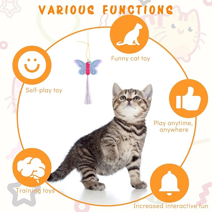 Charniol 8 Pcs Doorway Cat Toys Indoor Feather Door Hanger Interactive Hanging Dragonfly Little Mouse Retractable Teaser Kitten for Play, 6 Styles (Vibrant Style)