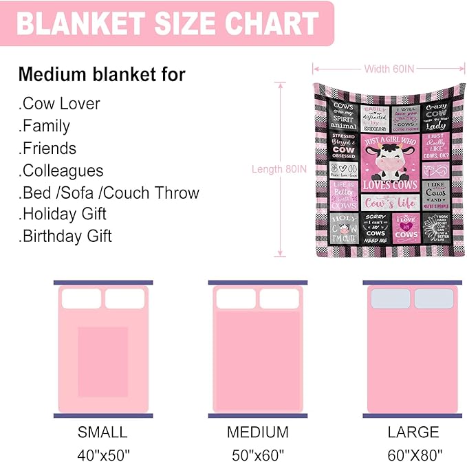 Pink Cow Print Throw Blanket, 60"x80", Cow Lovers Gift, Flannel, Modern Cow Print, Unisex Adults