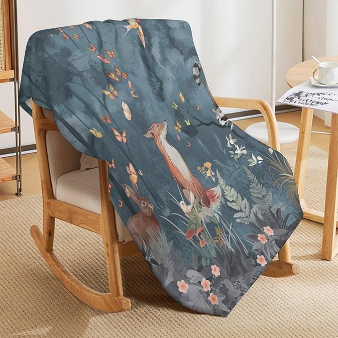 Fox Print Blanket Rabbit Red Panda Forest Animals Throw Blankets for Couch Sofa Stuff Decor Gifts Soft Cozy Fleece Plush Flannel Bedding Blanket for Lover Girls Boys Men Women Adults 60"x80"