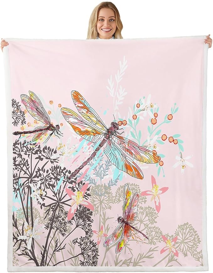 Feelyou Dragonfly Sherpa Blanket Queen 90x90 Inches Botanical Floral Fleece Throw Blanket for Kids Girls Teens Women Bedroom Decor Nature Animals Branches for Sofa Bed Couch Pink