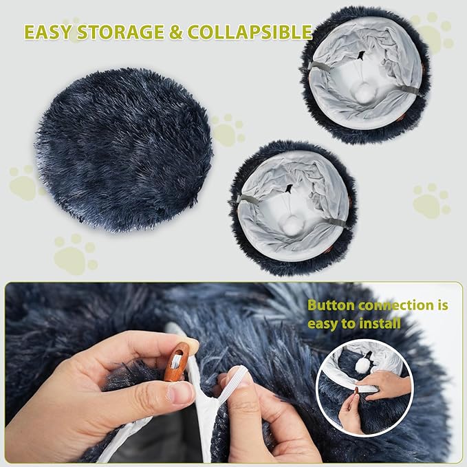 KOMUSMO Cat Tunnel Bed with Central Mat and Hanging Ball Toy, Multifunctional Large Cat Bed Cave Donut for Indoor Cats, Soft Plush Fluffy Collapsible Peekaboo Cave for Small Medium Large Cats Kittens