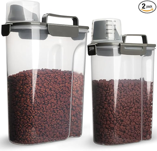 Dog Food Storage Container, 5-7 Lbs Airtight Pet Food Container, Cat Food Container Dispenser with Portable Handle, Pouring Spout and 4 Seal Buckles for Dogs Cats 2 Pack Grey