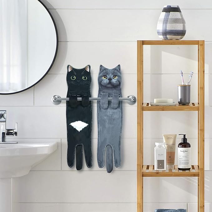 PAT JUUMG Funny Hand Towels for Bathroom Kitchen Decor, Cute Decorative Hanging Face Towels, Super Absorbent Soft, Housewarming Gift, Cat Lovers Gifts for Women (Blue Cat)