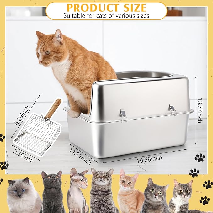 2 Set Stainless Steel Cat Litter Box with Metal Lid and Scoop Enclosed Metal Litter Box for Large Cats Extra Large Stainless Steel Litter Box for All Cats Odor Control, Easy to Clean