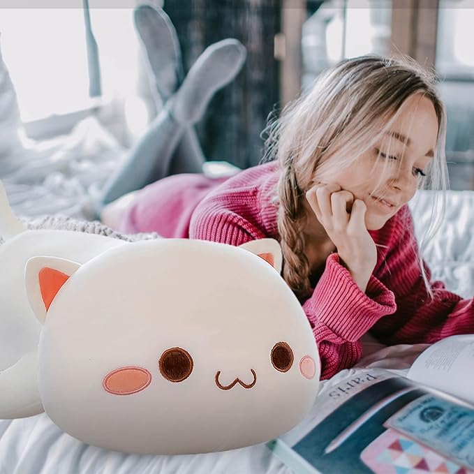 FUYU Cat Stuffed Animals, Soft Cat Plush Pillow Kawaii Kitten Stuffed Animal Toy Gifts for Kids Boys Girls Room Decor (White Round Eyes,35in/87)