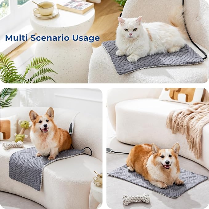 Cat Heating Pad - 11 Adjustable Temperature and 25 Timer Options, Heated Cat Bed Indoor Waterproof with Chew-Resistant Cord for Small Dogs, 17.5x14 Inch