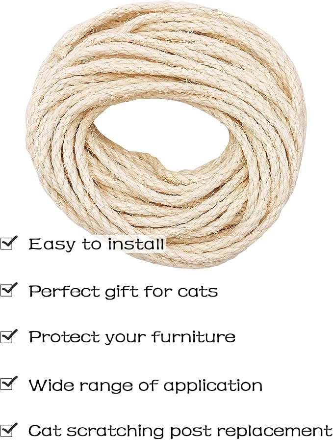 PET SHOW 1/4 inch 6mm Cats Sisal Rope 65.6 Feet(20M) Cat Scratching Post Replacement Hemp Rope for Repairing Recovering DIY Scratcher Twine String Kittens Shelves Furniture Toys