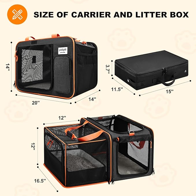 20 x 14 x 14 Expandable cat car Travel Carrier for 1 Small-Medium cat,with a Portable Leakproof Small cat Litter Box