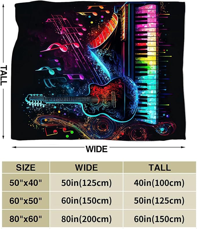 Colorful Guitar Blanket Ultra Soft Cozy Music Note Piano Throw Blanket Fleece Fuzzy Plush Bedding Rock Musical Instrument Gifts for Women Girls Kids Adults 80"x60"