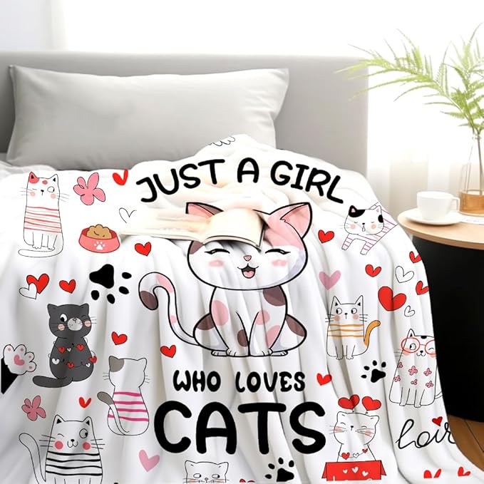 Cat Mom Blanket Just A Girl Who Loves Cat Throw Blanket Gifts for Cat Lovers Soft Flannel Animals Pet Pattern Gift for Kids Adults 80"X60"