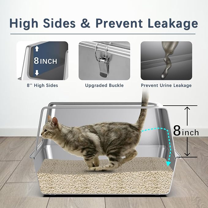 All Stainless Steel Cat Litter Box with Lid,Jumbo XL Metal Litter Box with 13.8''High Sides Cover,Extra Large Enclosed Litter Boxes for Big&Multiple Cat,Anti Urine Leakage,Odor Free,with Metal Scoop