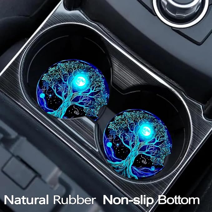 Car Coasters for Cup Holders,2 Pack Tree of Life Car Cup Holder Coasters,2.75" Universal Size Anti Slip Rubber Mat,Automotive Cup Holder Decal Decor Accessories,Good Luck Gifts for Women,Men