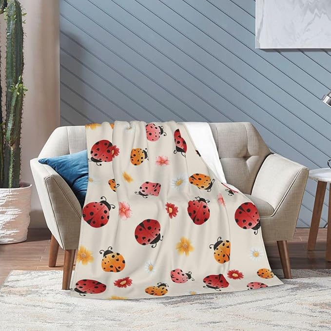 Ladybug Throw Blanket - Cute Decor Stuff Merch, Cozy Print Flannel Fleece, Soft Plush Fuzzy Warm Lightweight Bedding, Gifts for Women Men Girls Kids 50"X40"