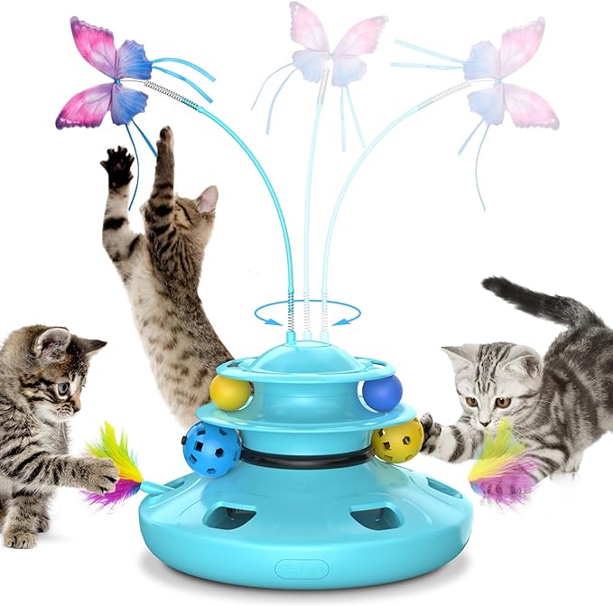 Cat Toys, 4-in-1 cat interactive toy for indoor Rechargeable Automatic with Fluttering Butterfly Random Moving Ambush Feather 2-Tier Track Balls for Bored Indoor Adult Cats Kittens All Breeds