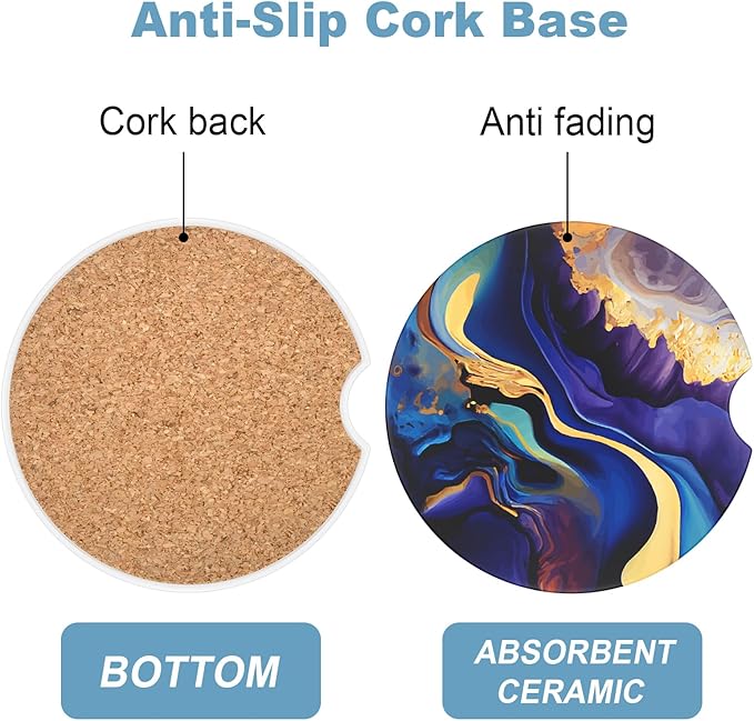 2 Pack Car Cup Holder Coasters, 2.63 inch Anti Slip Insert Absorbent Ceramic Coasters with Cork Base and Finger Notch, Cute Car Accessories Interior for Women