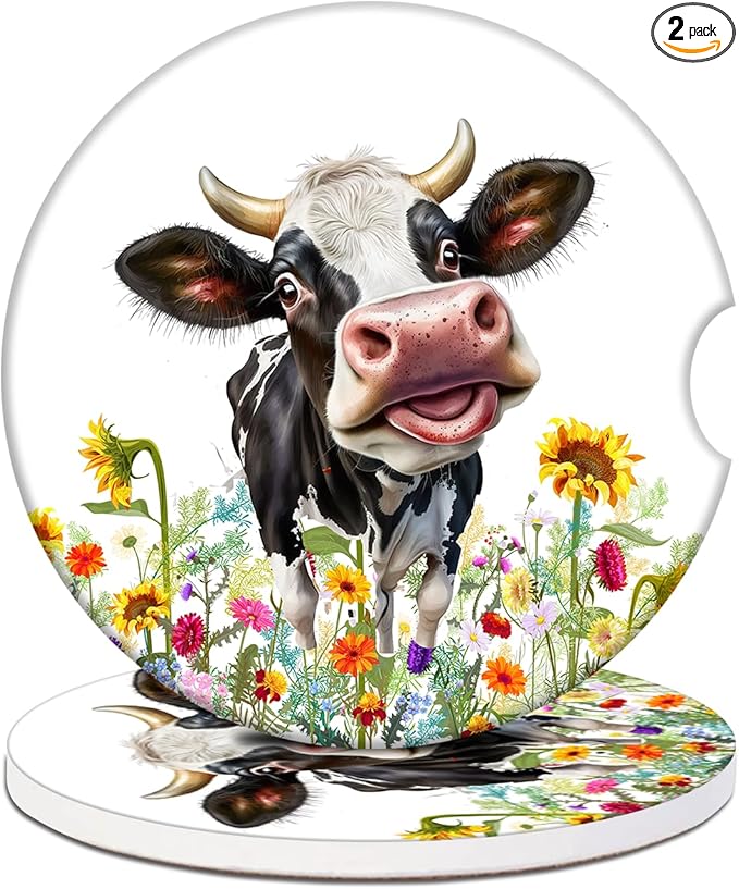 Car Cup Holder Coaster - Cow Flower Absorbent Ceramic Coaster, Car Coasters for Cup Holders, Auto Accessories for Women & Men, Pack of 2