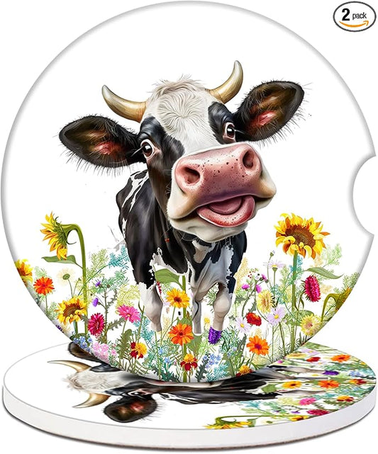 Car Cup Holder Coaster - Cow Flower Absorbent Ceramic Coaster, Car Coasters for Cup Holders, Auto Accessories for Women & Men, Pack of 2