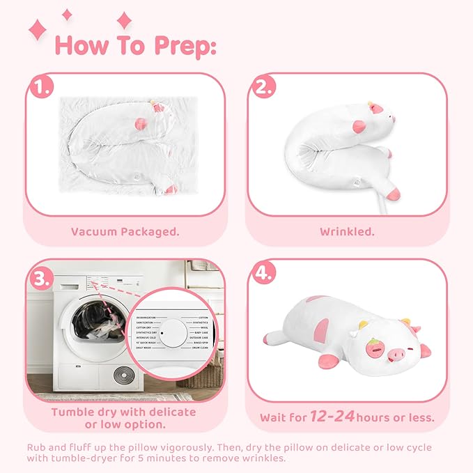 Strawberry Cow Plush Body Pillow, 25" Kawaii Cow Stuffed Animals Squishy Pillow, Cute Plushies Cuddle Pillow for Kids, Long Plush Cow Pillow Toys, Birthday Gifts for Women, Girls and Males