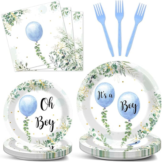 96 Pcs Oh Boy Watercolor Blue Balloon Party Supplies Greenery Boy Baby Shower Tableware Set Eucalyptus Party Favor Birthday Baby Shower Plates and Napkins Table Decorations for 24 Guests