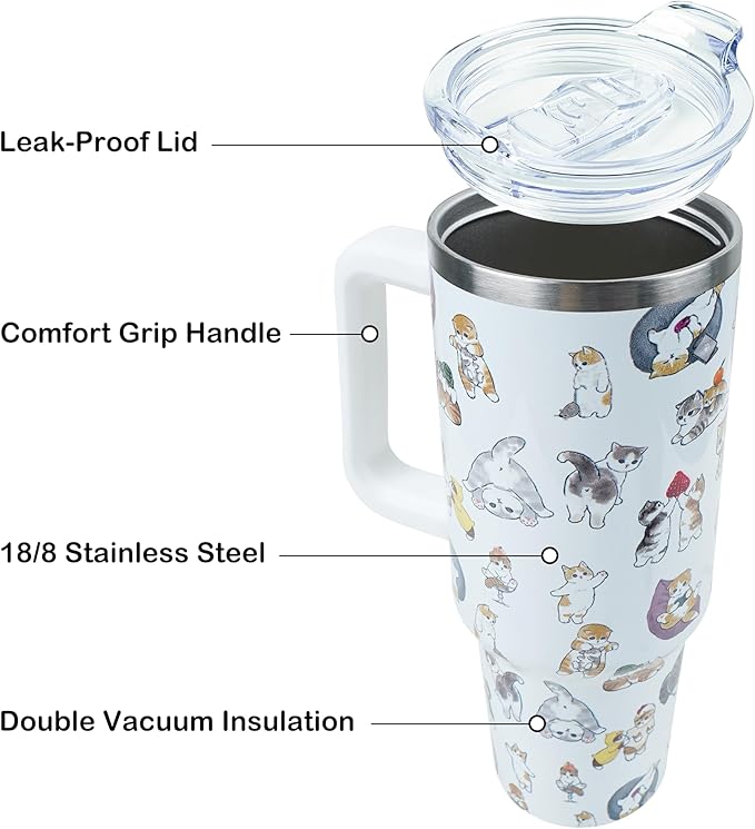 40 oz Tumbler with Handle and Straw, Stainless Steel Insulated Cup with Leak Proof Lid and Straw Lid, Keep Drinks Cold and Hot for Hours(Cat)
