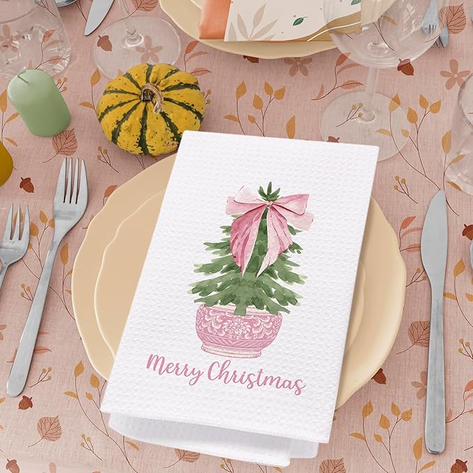 SPBL&L Pink Chinoiserie Christmas Towels, Coquette Christmas Tree Dish Towels, Grandmillennial Decor, Hand Towels for Bathroom & Kitchen, 16x24 Inches