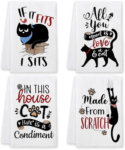 Bonsai Tree Cat Kitchen Towels Set of 4, Cat Lover Gifts for Mom Women, Cute Funny Dish Tea Towels Housewarming Gifts for New Home Decor