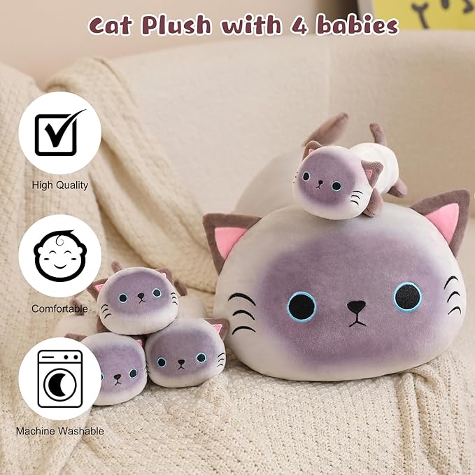 Siamese Cat Plush Cute Siamese Cat Stuffed Animal Pillow with 4 Baby Plushies in Her Tummy, Soft Cotton Stuffed Animals Toy Gifts for Kids