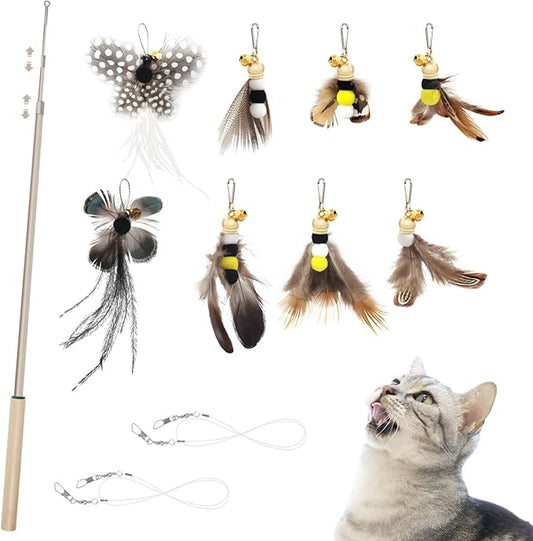 SONGWAY Cat Teaser Wand Toy - 9 Pieces Retractable Cat Wand Toy Set, Insect Worm Replacement Teaser with Bell, Cat Feather Toys for Indoor Cats, Interactive Cat Toy for Kitten Cat