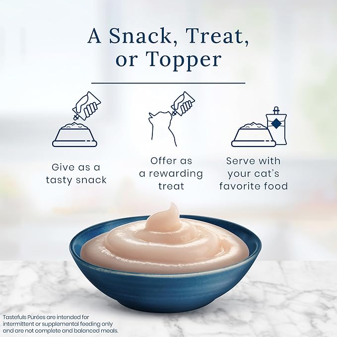 Blue Buffalo Tastefuls Purées with Chicken, Natural Cat Food Complement, Resealable Twist Cap Pouches, 3-oz (12 Count)