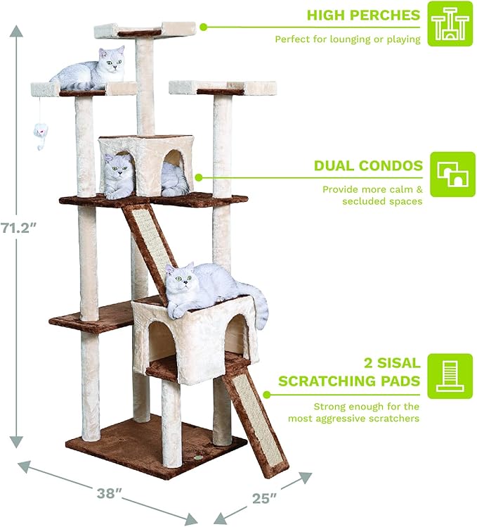 Go Pet Club Everyday Value 71in Cat Tree Kitty Tower Kitten with Dual Condos and Double Scratching Boards Indoor Cat Activity Center Furniture, Beige/Brown