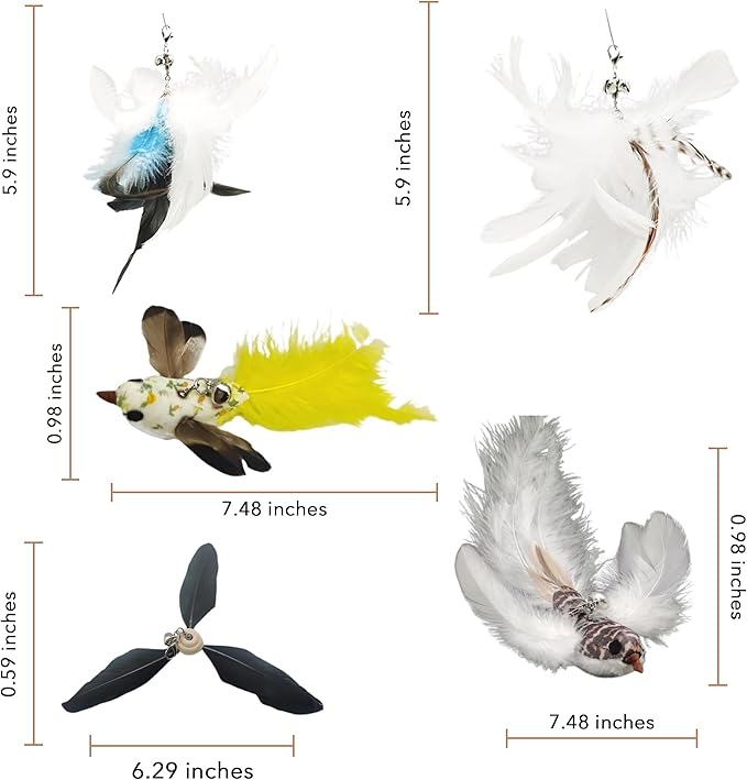 Variety Play Cat Toys Set, 5 Pack, Refills for Cat Wand Toys, Cat Fishing Poles, Spring Wires, Door/Wall Hang Ropes. 2 Bird Cat Toys, 2 Feather Cat Toys & Windmill - Bells & Easy Clip-On