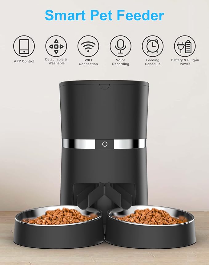 Smart Cat Feeder, WellToBe Automatic Cat Feeder WiFi Enable Pet Dog Food Dispenser App Control for Cat&Dog with Two-Way Splitter and Two Bowls, Voice Recorder Distribution Alarms, Portion Control