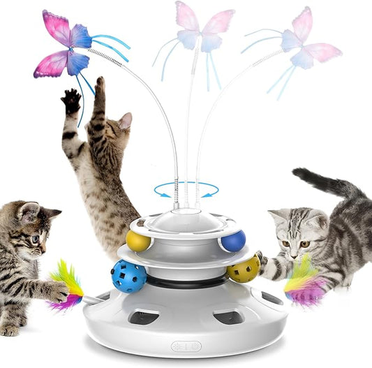 Cat Toys, 4-in-1 cat Interactive Toy for Indoor Rechargeable Automatic with Fluttering Butterfly Random Moving for Bored Indoor Adult Cats Kittens All Breeds White