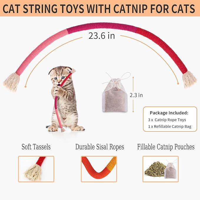 Retro Shaw Cat Toys Chew Rope,3 Pack Catnip Cat Rope Toy for Indoor Kittens,Safe String Cat Teeth Cleaning Toy,Interactive Cat Nip Cat Kicker Toy 23.6 Inches