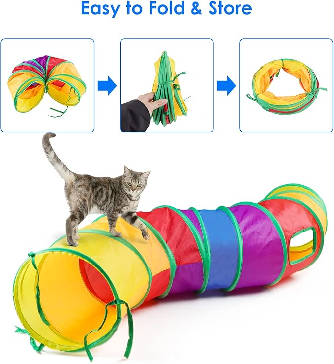 Cat Feather Toys 32PCS Interactive Kitten Toys Assortments, Rainbow Tunnel, Teaser Wand, Crinkle Balls, Bells, Colorful Mice, for Small Breeds
