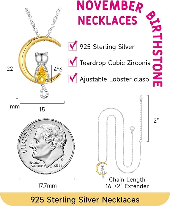 Birthstone Necklace for Women Girls, Cat Necklaces 925 Sterling Silver Teardrop Pendant 18K Gold-Plated Birthstone Jewelry Gifts for Birthday Easter
