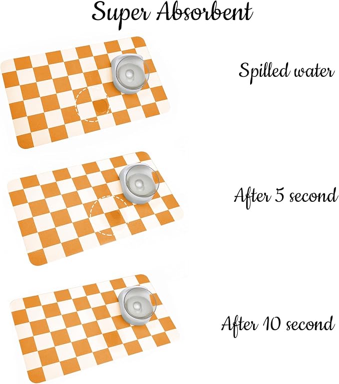 Ralxion Checkered Dog Feeding Mat, Absorbent Mats for Dog Food and Water Bowl, Dispenser, Aesthetic Purple Checkerboard Pet Placemat for Dogs, Cats, Puppy Accessories (Orange, 12 x 19)