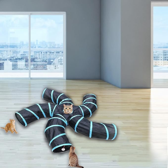 Cat Tunnel Tube Toys，Tunnels for Indoor Cats, 5 Way Blue Collapsible Interactive Toy with Balls for Rabbits, Kittens, Ferrets, Puppy